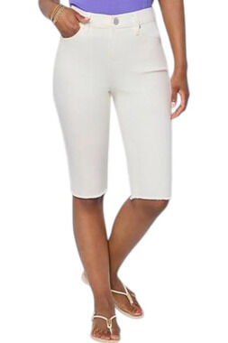 DG2 by Diane Gilman Women's Denim Fray Hem Bermuda Short Porcelain - Petite